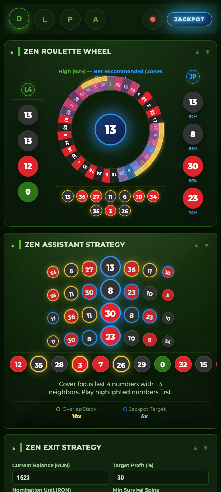 Roulette prediction assistant dashboard with live wheel analysis, jackpot targets, and strategy coverage