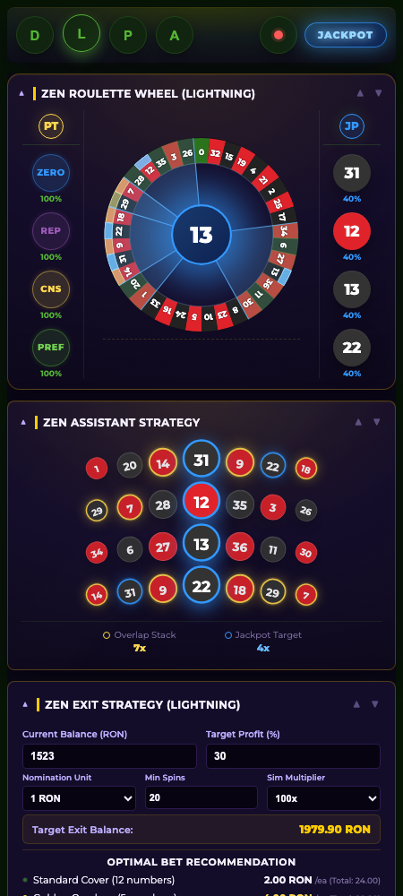 Roulette prediction software Lightning workspace with pattern indicators and jackpot targets