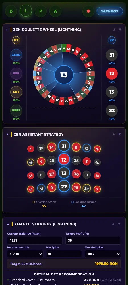 Roulette prediction software Lightning workspace with pattern indicators and jackpot targets