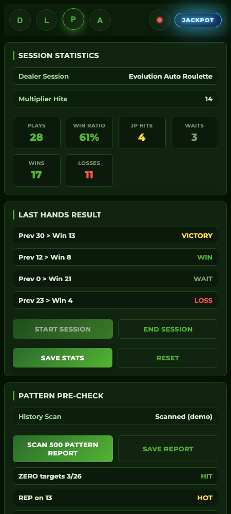 Roulette prediction assistant session screen with statistics, results, and pattern pre-check