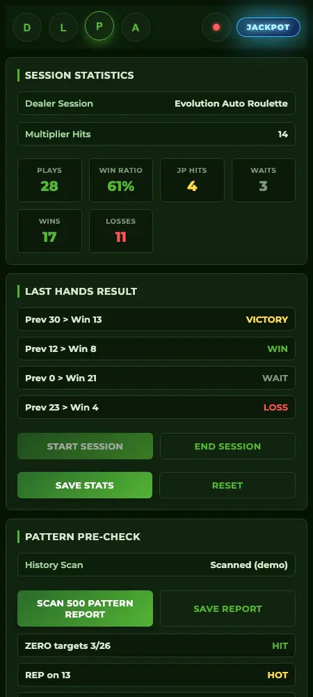 Roulette prediction assistant session screen with statistics, results, and pattern pre-check
