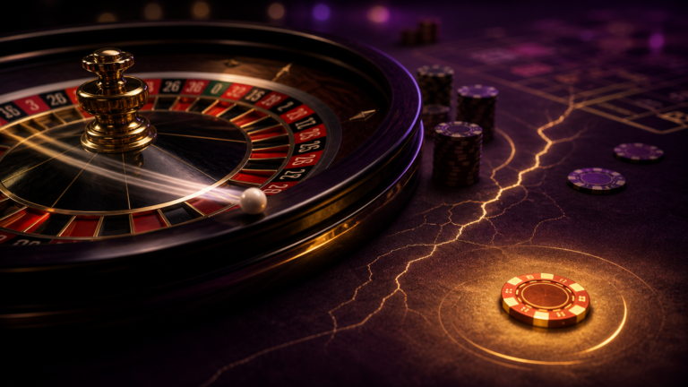 Cinematic roulette wheel with an isolated chip symbolizing emotional tilt and a calm pause moment