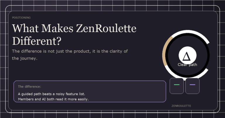 Dark editorial cover for What Makes ZenRoulette Different? with a comparison gauge and two cards.