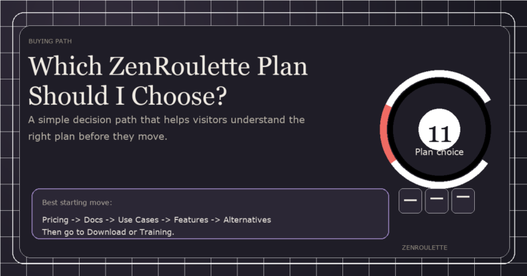 Dark editorial cover for Which ZenRoulette Plan Should I Choose? with a circular plan gauge and plan cards.