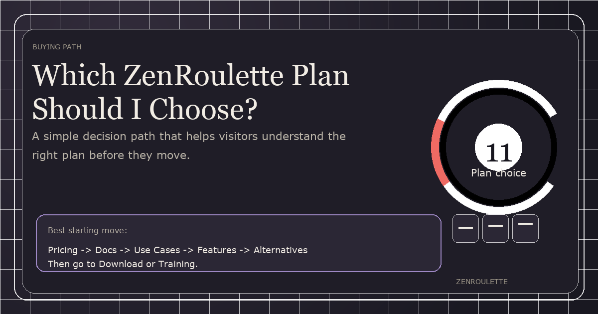 Dark editorial cover for Which ZenRoulette Plan Should I Choose? with a circular plan gauge and plan cards.
