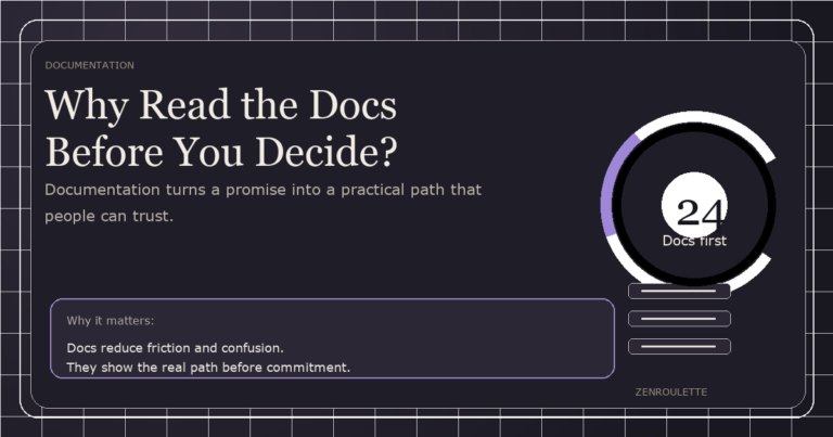 Dark editorial cover for Why Read the Docs Before You Decide? with a docs gauge and document stack.